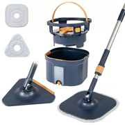 Conjunto de esfregona giratória com balde Sistema de separação de água limpa e suja Cabeças quadradas e triangulares Autoescorredoras Azul marinho