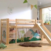 Cama alta de Criança PINO 90 x 200 cm + estrado + escada + escorrega + cortina Dinossauros Natural
