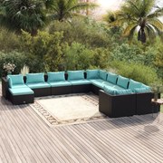 11 pcs conjunto lounge de jardim c/ almofadões vime PE preto