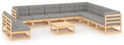 11 pcs conjunto lounge de jardim c/ almofadões pinho maciço