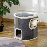 Barril Arranhador para Gatos de 2 Níveis com Caverna de Sisal Pelúcia Suave e Plataforma de Velo 40x40x49cm Cinza