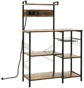 HOMCOM Estante de Cozinha com Ficha 2 Carregadores Prateleira Ajustável USB 5 Gancho em S e Cesta Amovível 90x42x130 cm Marrom Rústico