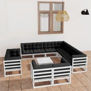 vidaXL 12 pcs conj. lounge de jardim c/ almofadões pinho maciço branco