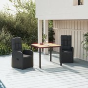 vidaXL 3 pcs conjunto de jantar p/ jardim c/ almofadões vime PE preto