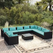 11 pcs conjunto lounge de jardim c/ almofadões vime PE preto