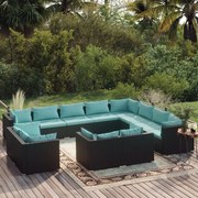 vidaXL 12 pcs conjunto lounge de jardim c/ almofadões vime PE preto