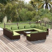 12 pcs conjunto lounge de jardim c/ almofadões vime PE castanho