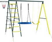 Outsunny Baloiço Infantil de 3-8 Anos 4 em 1 com Baloiço Ninho e Individual Rede de Escalada Cesto de Basquetebol Escada Amarelo | Aosom Portugal