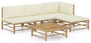 5 pcs conj. lounge p/ jardim em bambu c/ almofadões branco nata