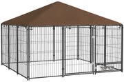 PawHut Parque para Cães com Toldo Canil para Exterior com Suporte Giratório para Comida 2 Tigelas 211x211x151 cm Preto Marrom