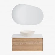 Conjunto De Móvel De Casa De Banho Em Madeira De Freixo Tedrik Castanho Fresno & Cimento Redondo Branco Ø40 Cm Zavion & Oval Led - Sklum