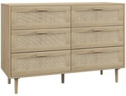 HOMCOM Cómoda para Quarto com 6 Gavetas e Frontal de Vime Pés de Madeira Estilo Bohemio 110x40x75 cm Madeira | Aosom Portugal