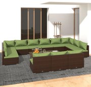 13 pcs conjunto lounge de jardim c/ almofadões vime PE castanho