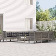 10 pcs conjunto lounge de jardim c/ almofadões vime PE cinzento