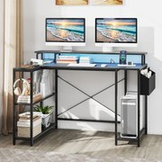 Secretária escritório ou gaming em forma de L com luzes LED e tomadas eléctricas de 120 cm com estantes e suporte para monitor Preto