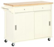 HOMCOM Ilha de Cozinha com 2 Armários Porta Corredeira 2 Gavetas e Barra para Panos Móvel Aparador com Rodas para Sala de Jantar 110x49,5x89,5cm Creme