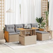 6 pcs conjunto sofás jardim com almofadões vime PE/acácia bege