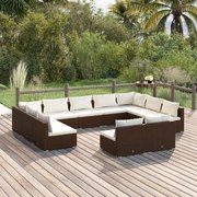 11 pcs conjunto lounge de jardim c/ almofadões vime PE castanho