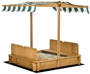 Outsunny Caixa de Areia para Crianças de Madeira com Toldo Ajustável em Altura 2 Bancos e Encostos para Jardim 106x106x121 cm Natural