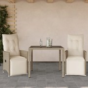 3 pcs conjunto de bistrô para jardim c/ almofadões vime PE bege