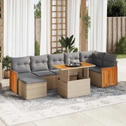 7 pcs conjunto sofás jardim com almofadões vime PE/acácia bege