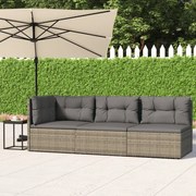 3 pcs conjunto lounge de jardim c/ almofadões vime PE cinzento