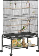 PawHut Gaiola para Pássaros com Rodas com 4 Comedouros 3 Poleiros Brinquedos Bandeja Amovível e Prateleira 79x49x133 cm Preto | Aosom Portugal