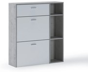 Móvel Sapateira WIND, estrutura de cor CIMENTO, cor Branco Mate nas 2 portas basculantes e na gaveta, mede 90x26x101,5cm de altura.