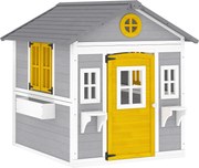 Outsunny Casa de Madeira Infantil com Porta Janelas Floreiras e Prateleiras Casa de Brincar de Madeira 112x126x135 cm Cinza | Aosom Portugal