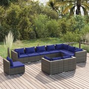 vidaXL 10 pcs conjunto lounge de jardim c/ almofadões vime PE cinzento