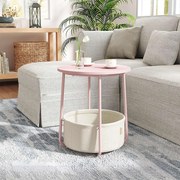 Mesa auxiliar redonda com cesto em tecido 45 x 50 cm rosa + branco creme