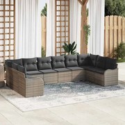 vidaXL Conjunto de Sofá de Jardim com 10 Peças e Almofadas Cinzas em Rattan de Poliéster.