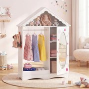 Guarda Roupa infantil 85,5 x 30 x 121 cm com telhado e espelho, com barra para pendurar prateleiras e ganchos, para quarto, sala de jogos, branco
