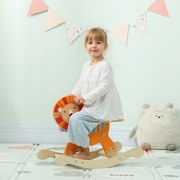 Cavalo de balanço para crianças, leão de brincar de balanço para bebés em madeira com guiador e base estável, 59 x 27 x 43 cm, laranja