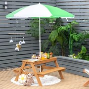 Mesa de piquenique infantil 3 em 1 com guarda-sol removível e ajustável de altura de 117 a 187 cm Mesa de madeira para pátio de jardim Verde