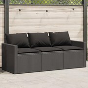 vidaXL Sofá de jardim 3 lugares com almofadões vime PE preto