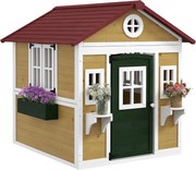Outsunny Casinha de Madeira Infantil com Porta Janelas Floreiros e Prateleiras com Detalhes Coloridos 114x126,4x135 cm Natural | Aosom Portugal