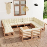 vidaXL 12 pcs conj. lounge jardim almofadões pinho maciço castanho mel