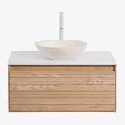 Conjunto De Móvel De Casa De Banho Suspenso 80x50 Cm Em Madeira De Freixo Tedrik Castanho Fresno & Cimento Redondo Branco Ø40 Cm Zavion & - Sklum