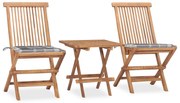 3 pcs conj. jantar dobrável exterior c/ almofadão teca maciça