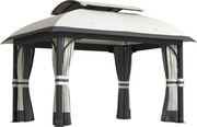Outsunny Pavilhão de jardim, 3,3 x 4 m tenda de jardim com cortinas de rede, teto de dois níveis, revestimento em couro sintético, estrutura metálica, Cinza claro | Aosom Portugal