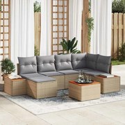 vidaXL Conjunto de sofá de jardim com 7 peças, almofadas em rattan sintético bege e madeira de acácia.