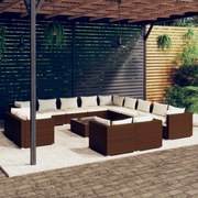 14 pcs conjunto lounge de jardim c/ almofadões vime PE castanho