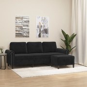 Sofá de 3 lugares com apoio de pés 180 cm veludo preto