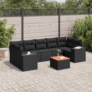 8 pcs conjunto sofás de jardim com almofadões vime PE preto