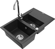 Mexen Gaspar lava-louças de granito 1,5-cubas com escorredor e torneira de cozinha Telma, preto/prata - 6507-73-670200-00