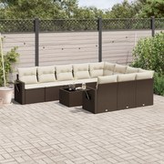 vidaXL 11 pcs conjunto sofás de jardim c/ almofadões vime PE castanho