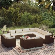 12 pcs conjunto lounge de jardim c/ almofadões vime PE castanho