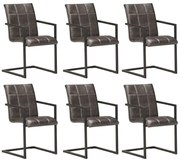 Cadeiras de jantar cantilever 6 pcs couro genuíno cinzento