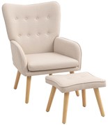 HOMCOM Poltrona com Apoio para Pés Poltrona de Leitura com Capitonê Pés de Madeira e Revestimento em Linho 70x72x94 cm Bege | Aosom Portugal